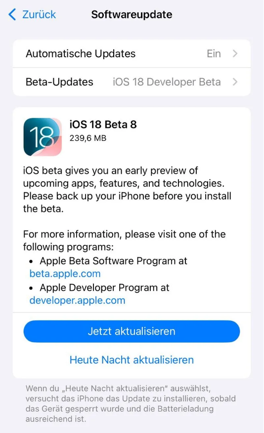 贡井苹果手机维修分享苹果 iOS / iPadOS 18 开发者预览版 Beta 8 发布 